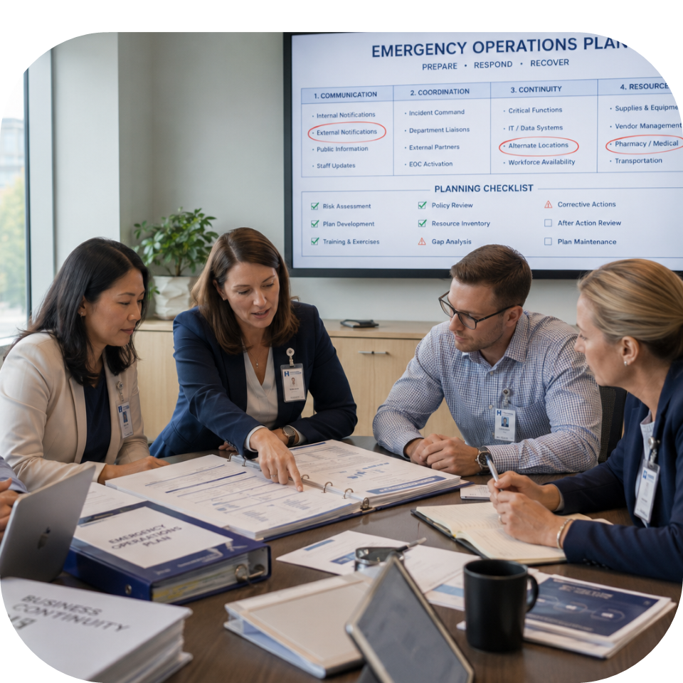 People gathered around a table performing emergency operations planning