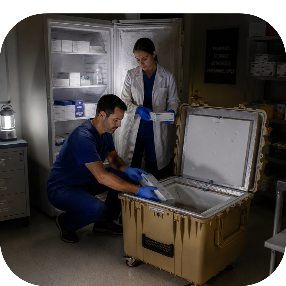 Healthcare workers transferring frozen medical specimens and vaccines to a frozen cool cube contingency medical cooler during a power outage