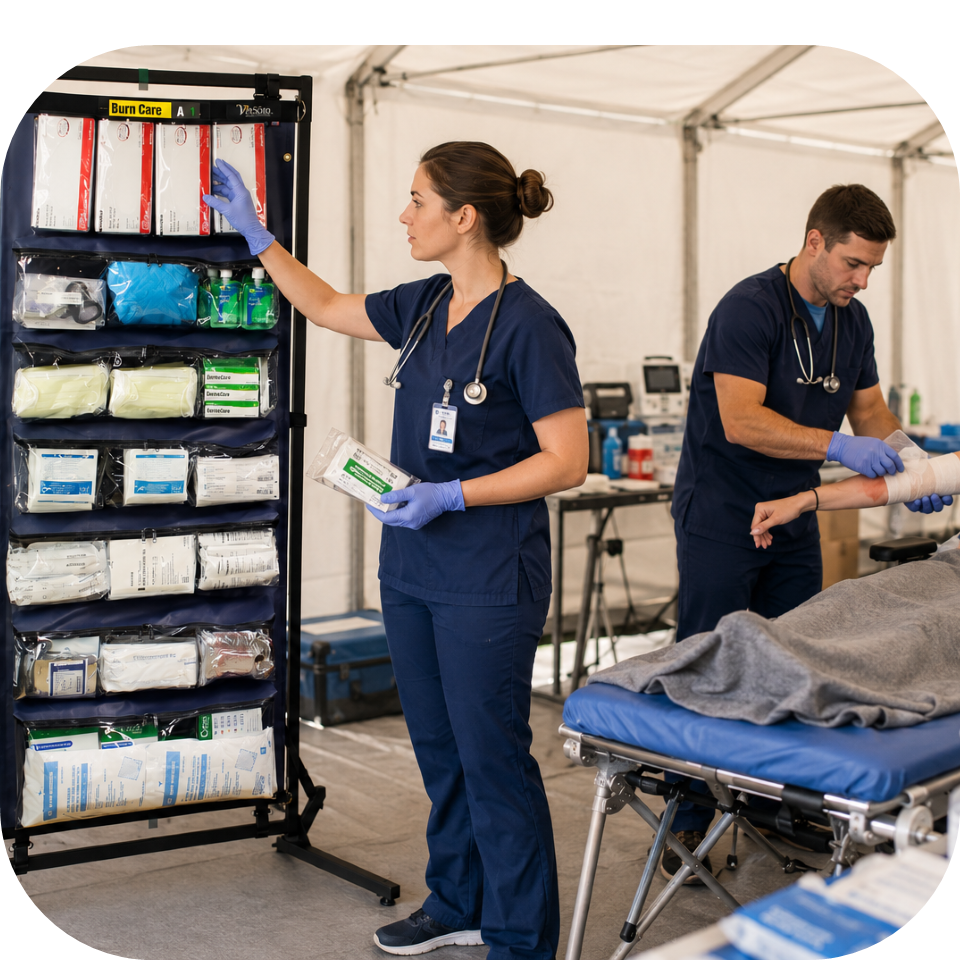 Nurse reaching for burn medical supplies from an upright medical organizer for burn patient treatment during field operations