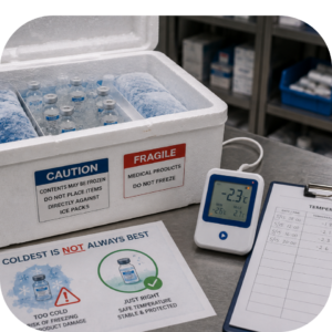 A cooler using ice displays a temperature that is too cold for proper medical use