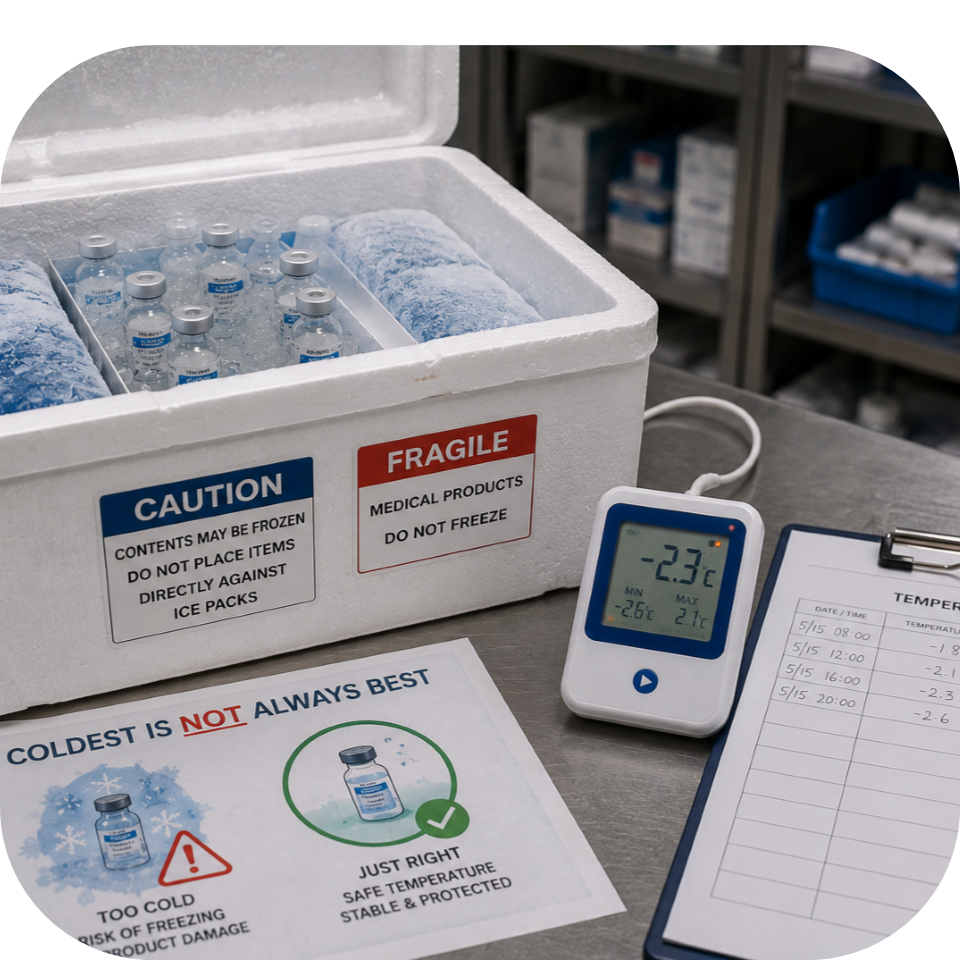 A cooler using ice displays a temperature that is too cold for proper medical use