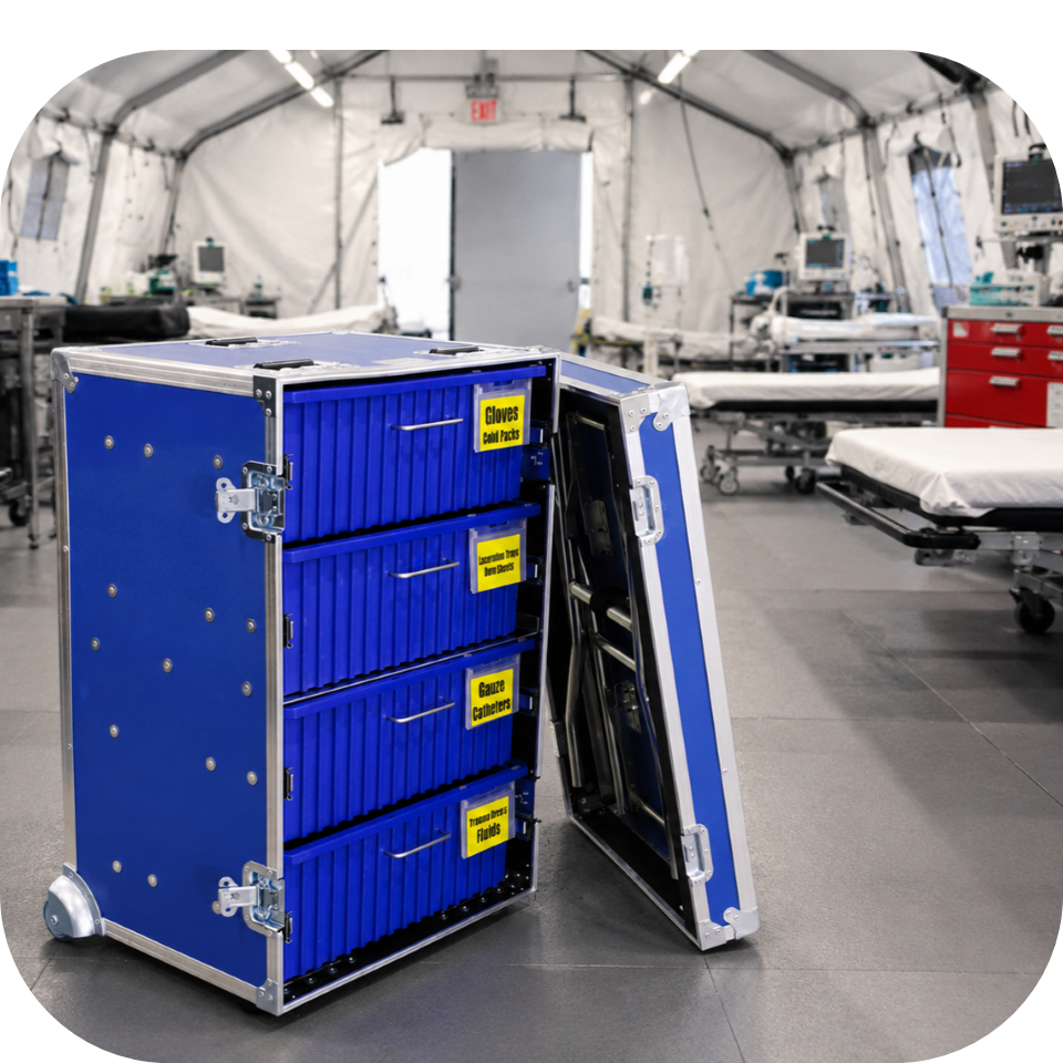 Medical organizer storing supplies in a field hospital