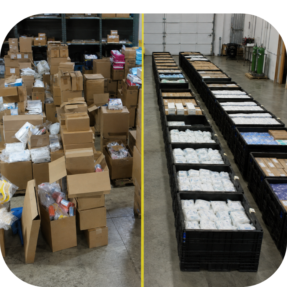 Cache Conversion Side By Side Medical supply cache converted to organized useable system