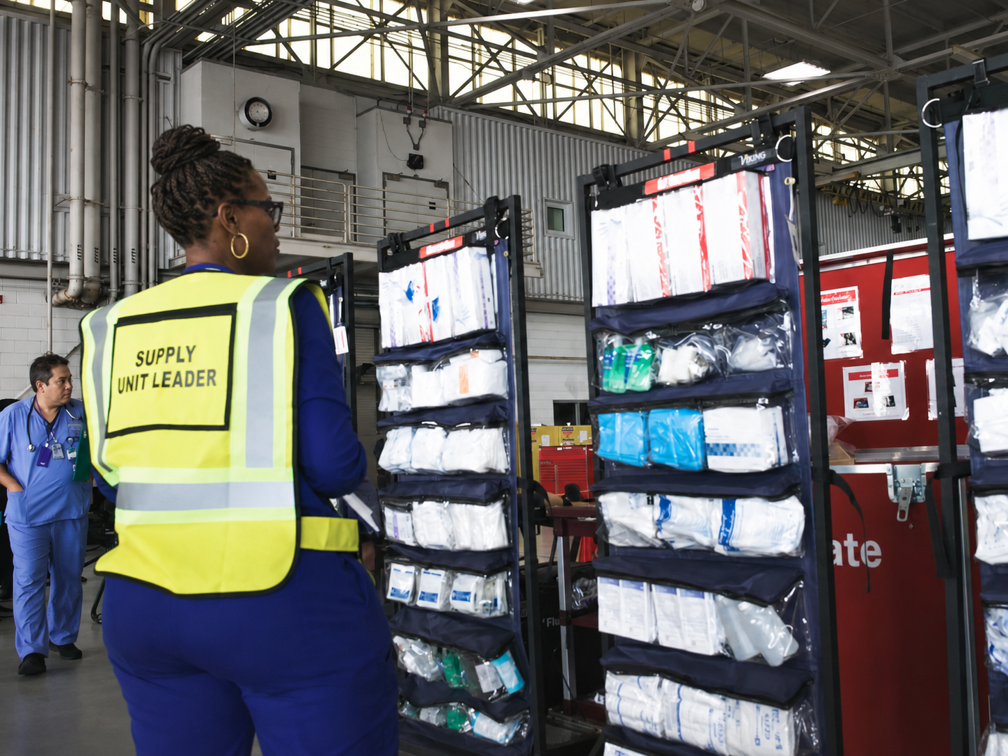 Supply unit leader viewing supplies in triage and treatment emergency preparedness system Supply unit leader viewing supplies in triage and treatment emergency preparedness system